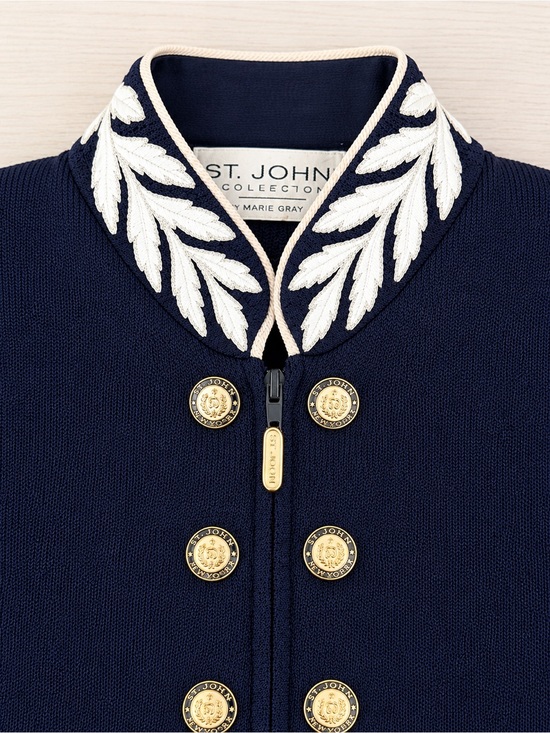 St. John Jackets & Blazers - St. John Marie Gray Santana Knit Jacket Navy Embroidered Collar Gold Buttons S